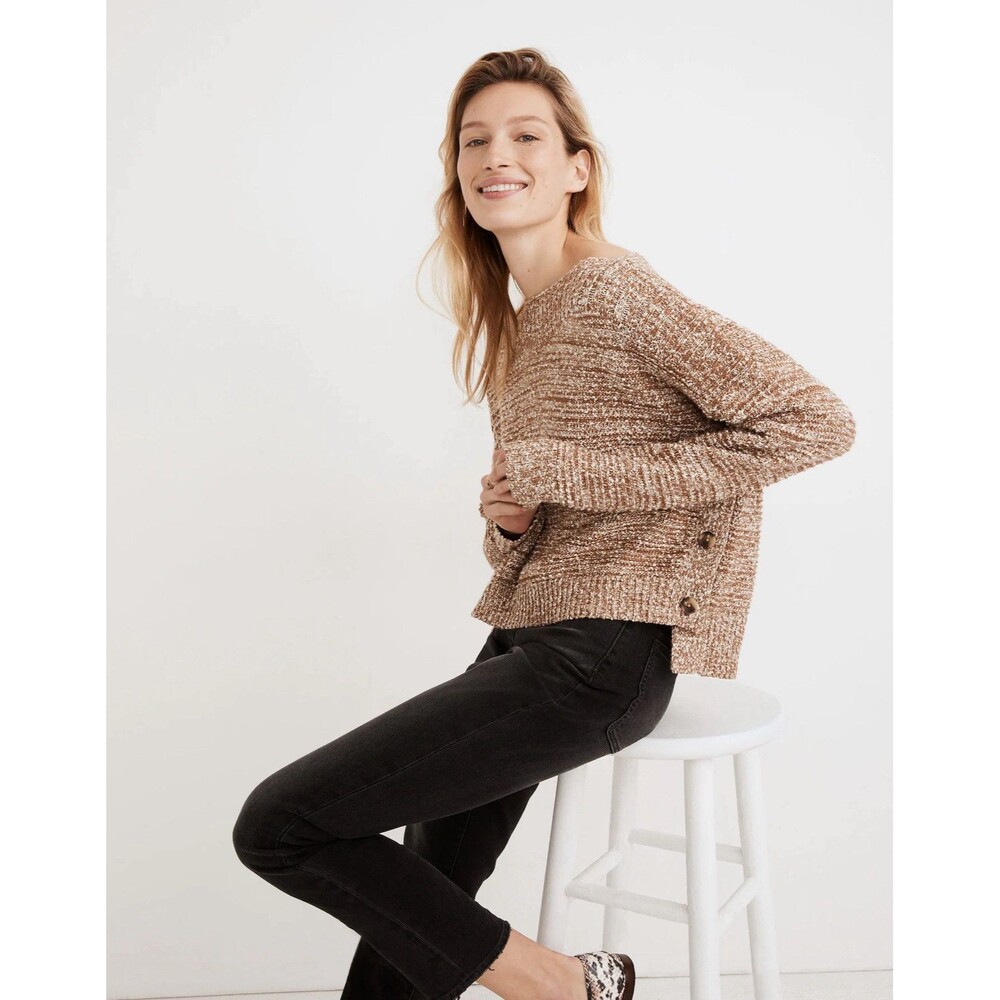 Madewell Womens Size Medium Side-Button Boatneck Boxy Sweater Marled Acorn